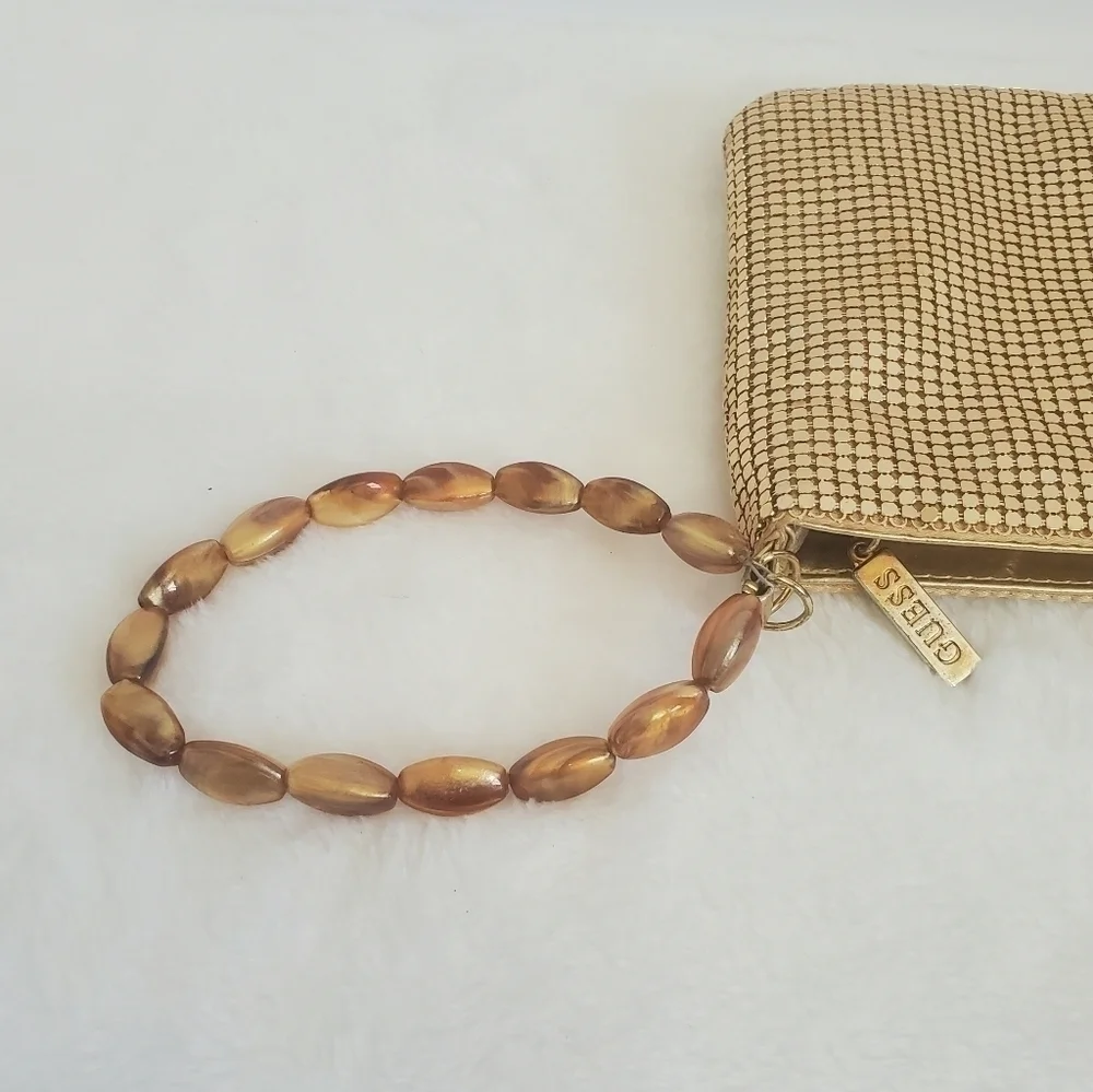 Guess Gold One Starry Night Metal Metallic Mesh Clutch Wristlet Purse